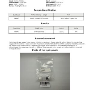 100007585 Laboratoriumanalysecertificaat voor GHRP-2 5 mg met een zuiverheid van 98%.
