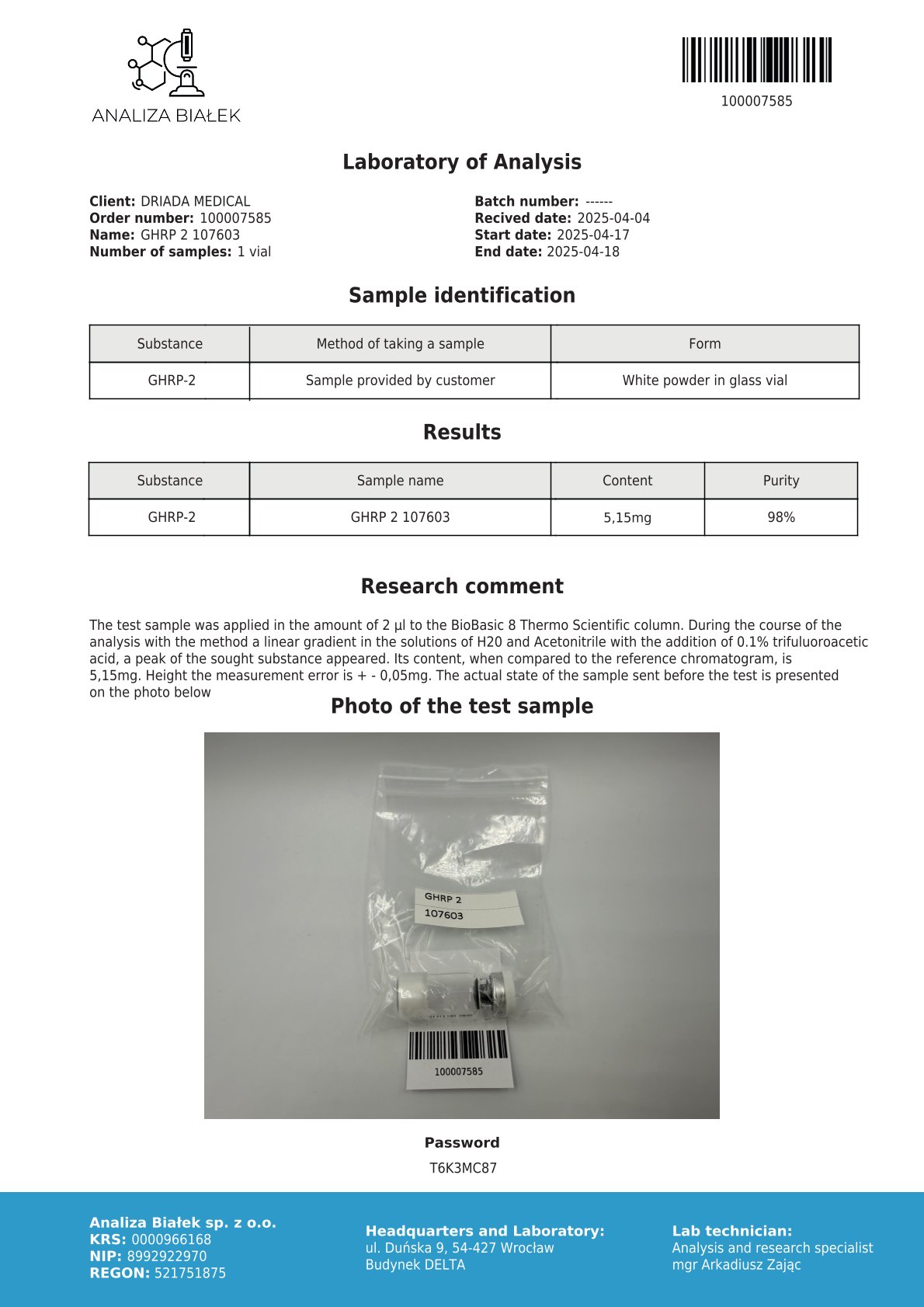 Laboratoriumanalysecertificaat voor GHRP-2 5 mg met een zuiverheid van 98%.