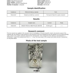 Laboratoriumanalysecertificaat voor Winstrolad 50 mg/ml van Driada Medical.