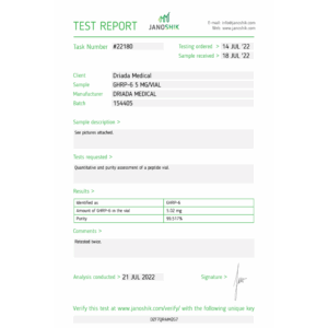 Janoshik-analysecertificaat voor het GHRP-6-peptide 5 mg van Driada Medical.
