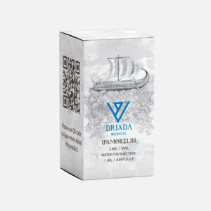 Verpakking met Ipamorelin 2 mg van Driada Medical, een peptide voor de afgifte van het GH-hormoon.